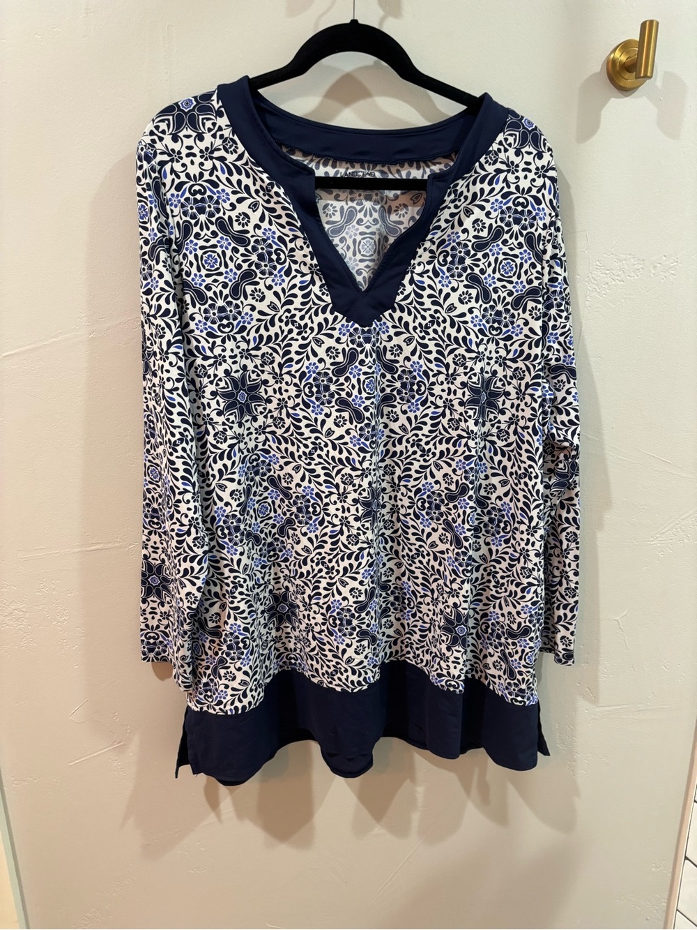 Lands' End Navy & White Floral V-Neck Long Sleeve Top